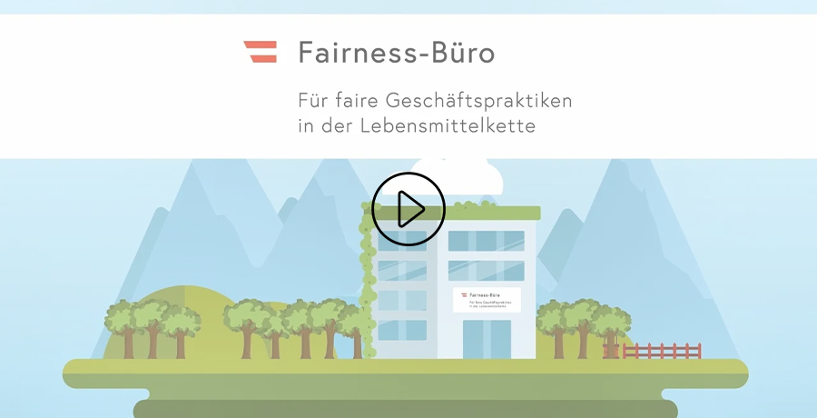Illustration einer Landschaft, im Hintergrund sind Berge zu sehen, vorne steht ein Haus mit dem Schild "Fairness-Büro"